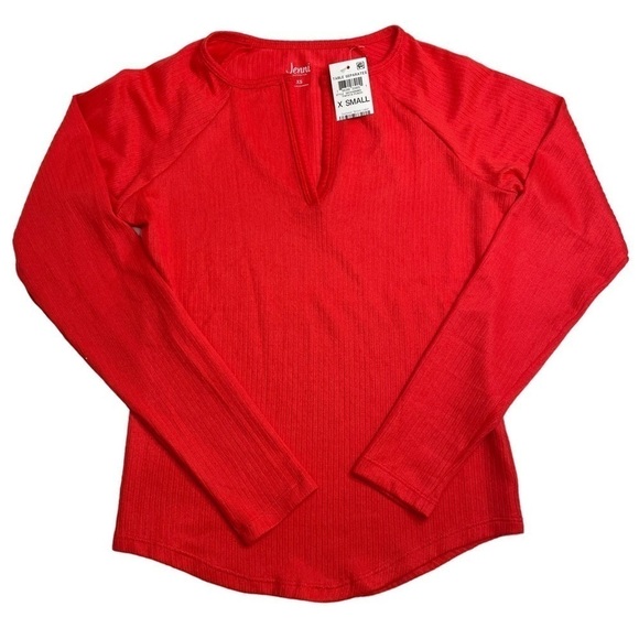 Jenni Split Neck Ribbed Pajama Top Bundle Papaya Punch Red June Bug Green XS - Picture 8 of 12